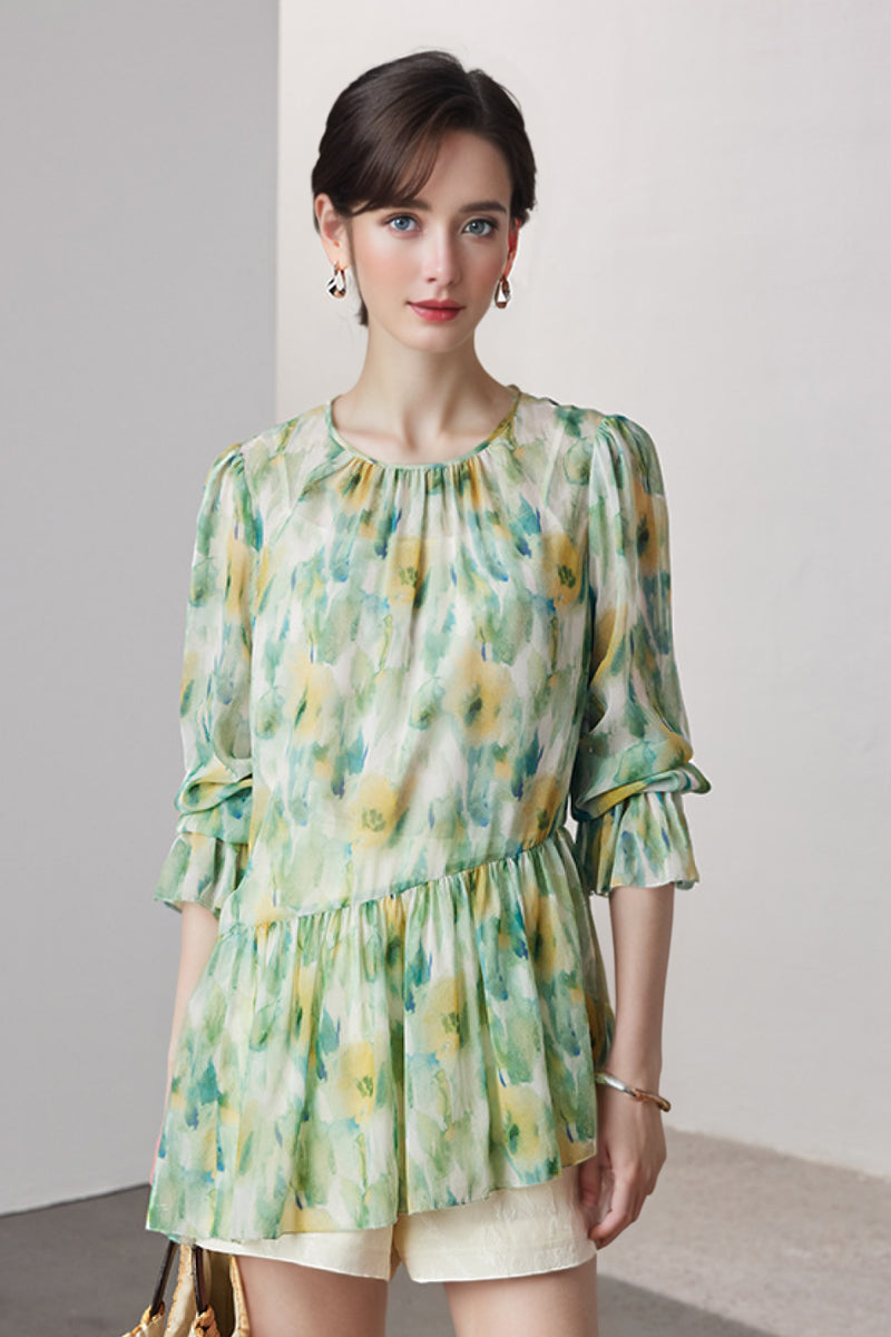 100 Mulberry Silk Floral Long-Sleeve Crewneck Peplum Blouse with Camisole
