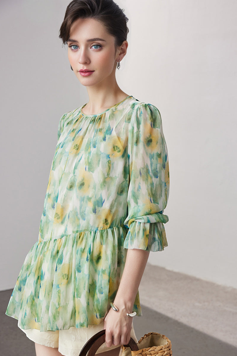 100 Mulberry Silk Floral Long-Sleeve Crewneck Peplum Blouse with Camisole