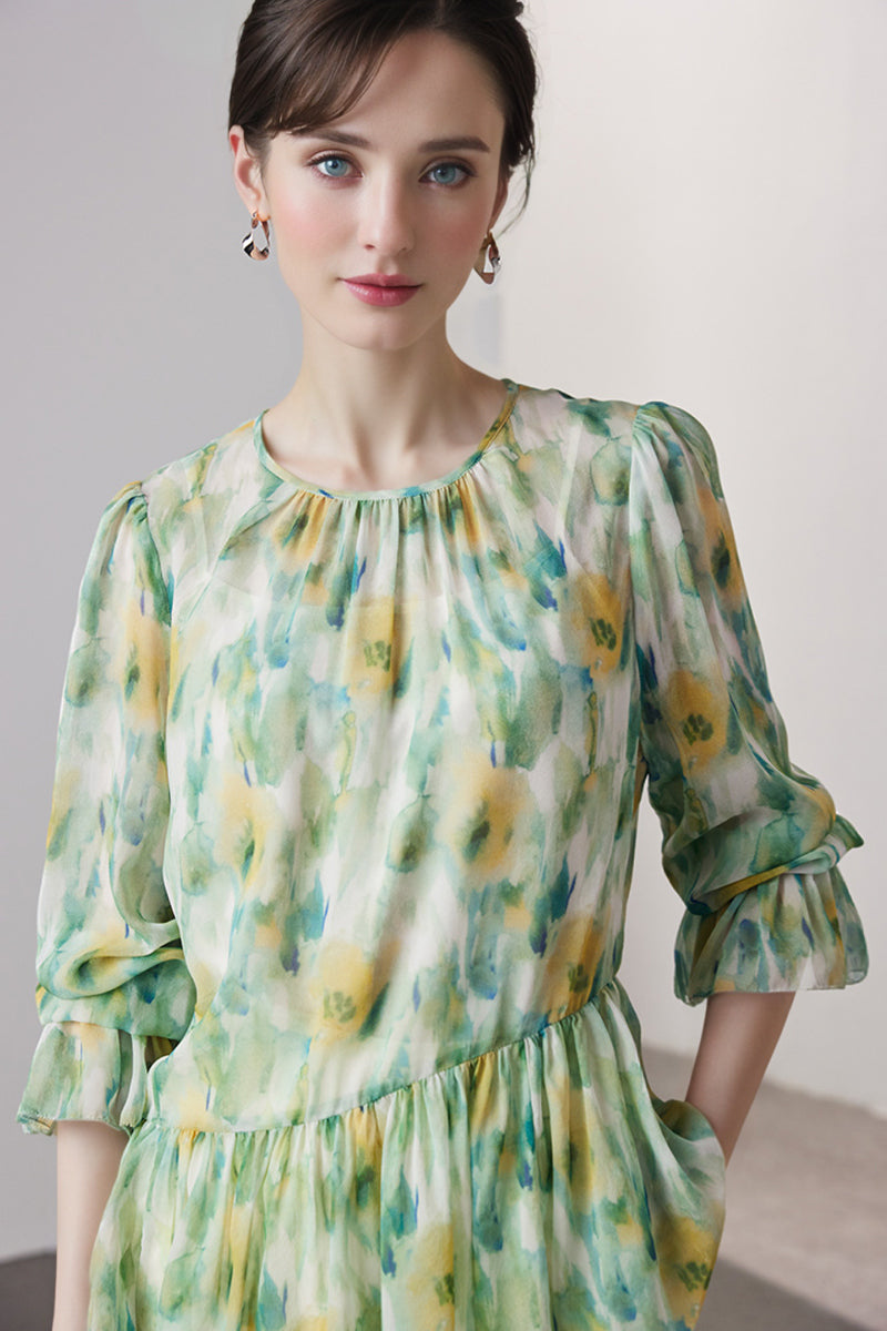 100 Mulberry Silk Floral Long-Sleeve Crewneck Peplum Blouse with Camisole