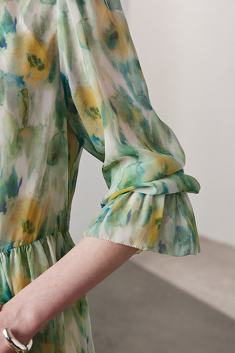 100 Mulberry Silk Floral Long-Sleeve Crewneck Peplum Blouse with Camisole