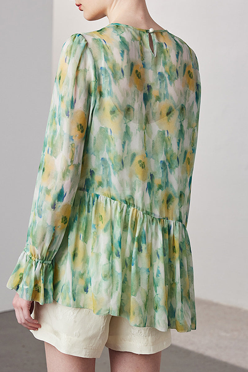 100 Mulberry Silk Floral Long-Sleeve Crewneck Peplum Blouse with Camisole