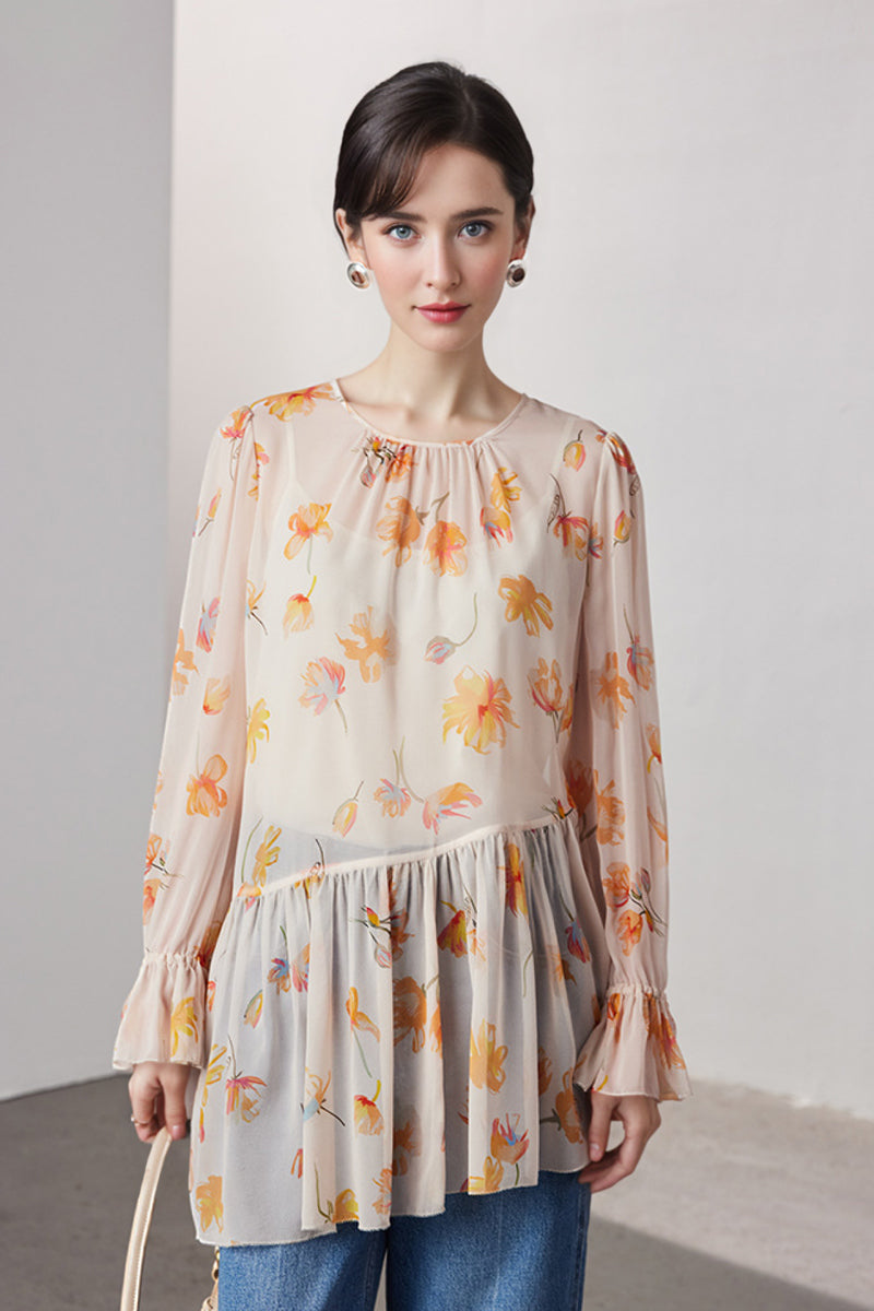 100 Mulberry Silk Floral Long-Sleeve Crewneck Peplum Blouse with Camisole