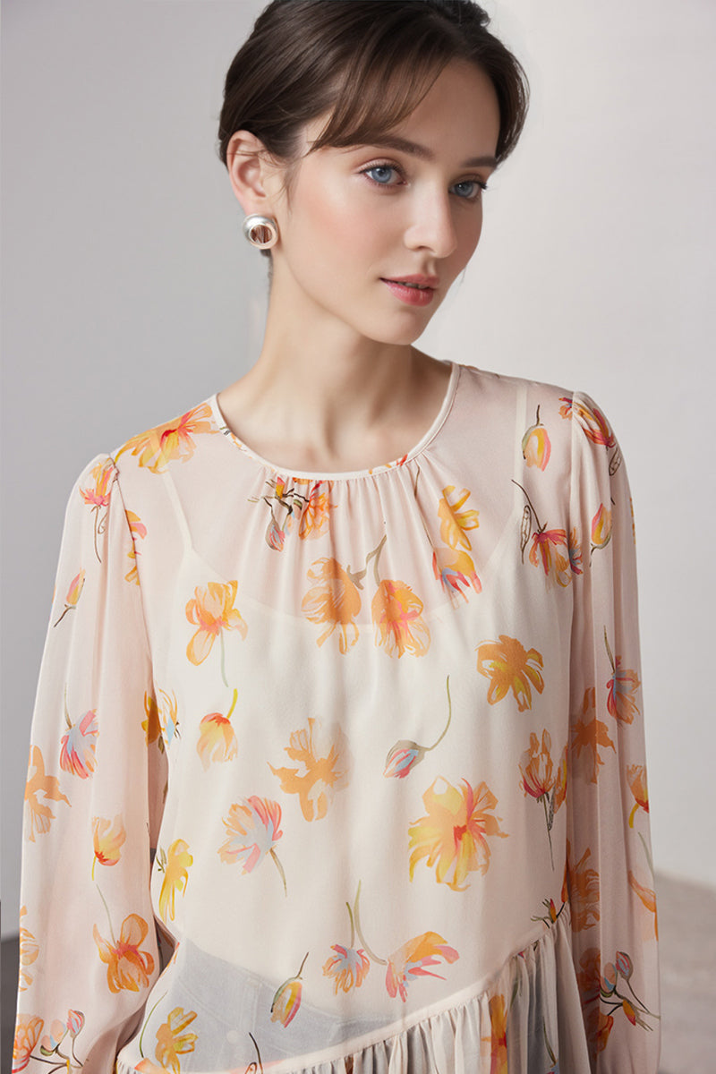 100 Mulberry Silk Floral Long-Sleeve Crewneck Peplum Blouse with Camisole