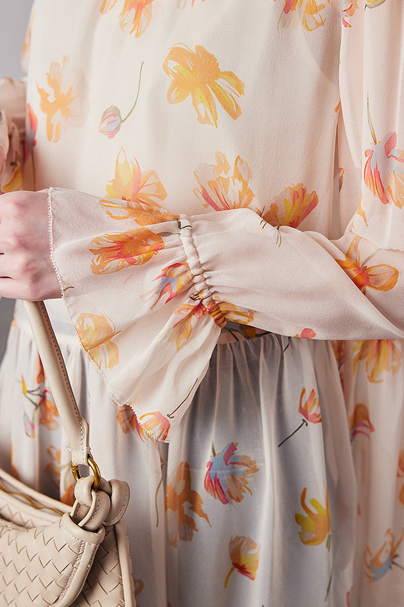 100 Mulberry Silk Floral Long-Sleeve Crewneck Peplum Blouse with Camisole