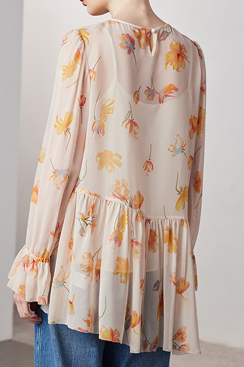 100 Mulberry Silk Floral Long-Sleeve Crewneck Peplum Blouse with Camisole