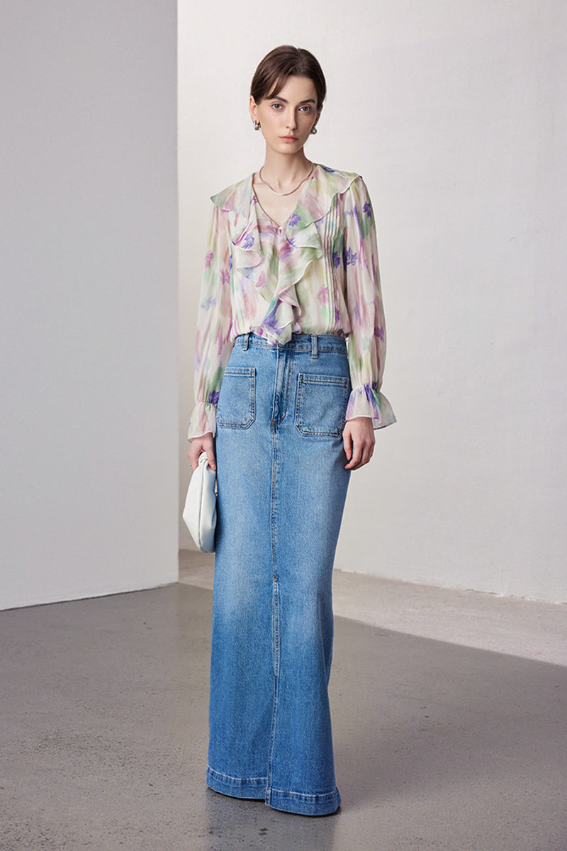 100 Mulberry Silk Floral Long-Sleeve V-Neck Ruffle Blouse with Camisole