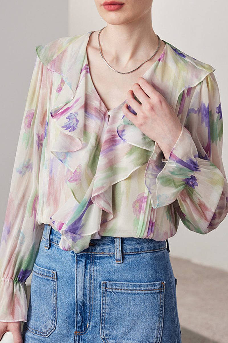 100 Mulberry Silk Floral Long-Sleeve V-Neck Ruffle Blouse with Camisole