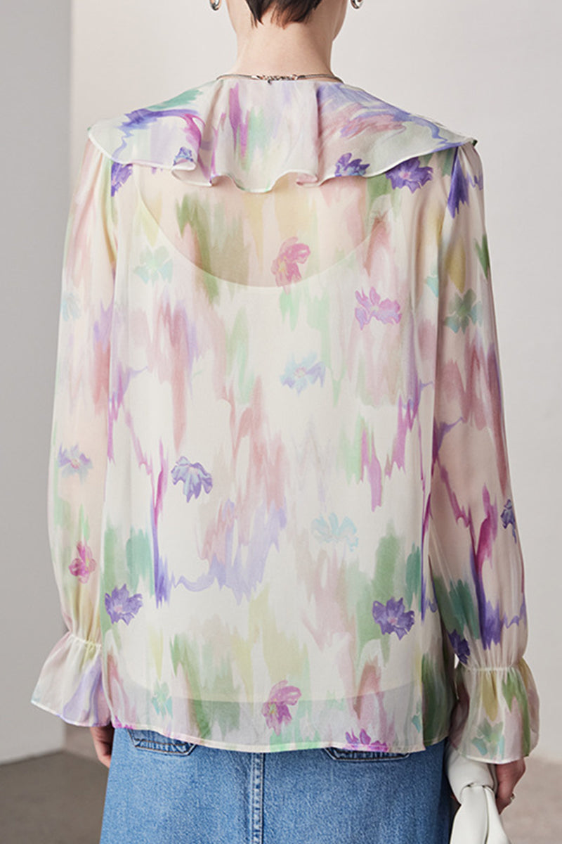 100 Mulberry Silk Floral Long-Sleeve V-Neck Ruffle Blouse with Camisole