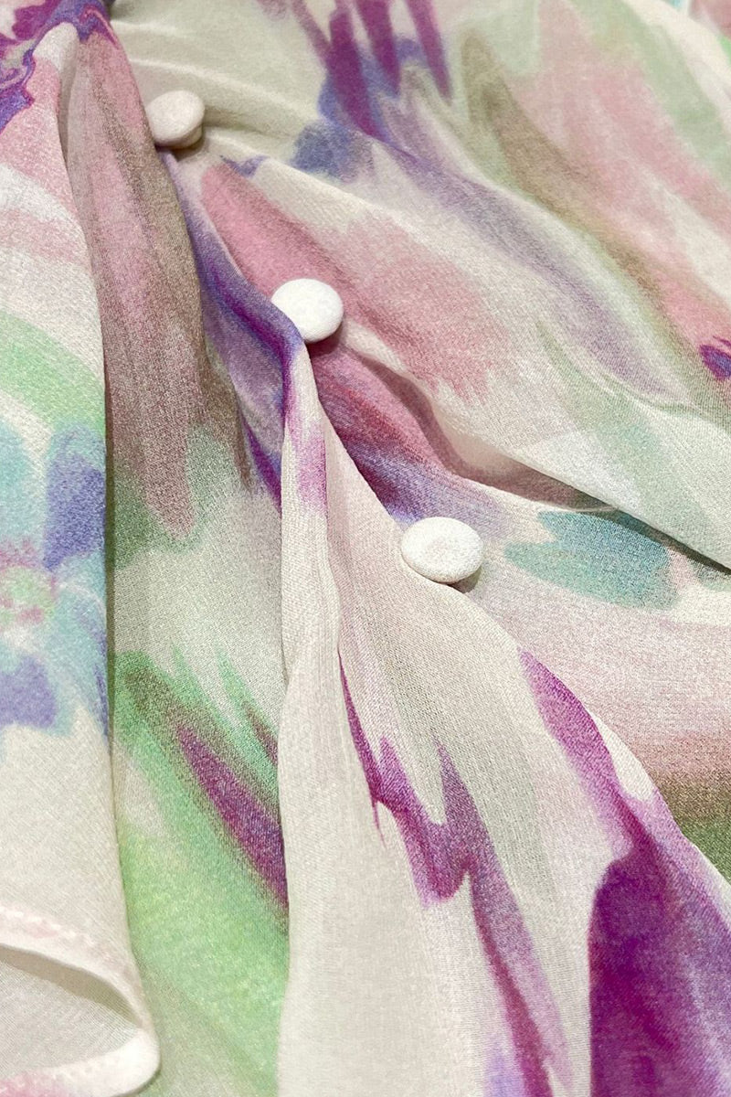 100 Mulberry Silk Floral Long-Sleeve V-Neck Ruffle Blouse with Camisole