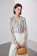 100 Mulberry Silk Floral Long-Sleeve V-Neck Ruffle Blouse with Camisole
