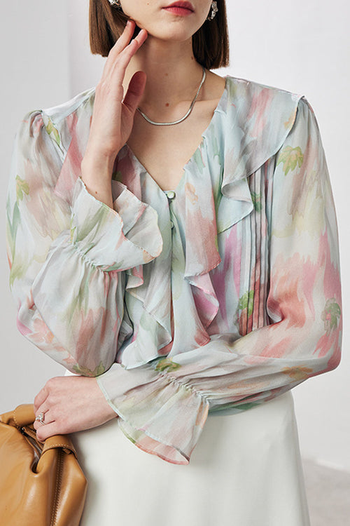 100 Mulberry Silk Floral Long-Sleeve V-Neck Ruffle Blouse with Camisole