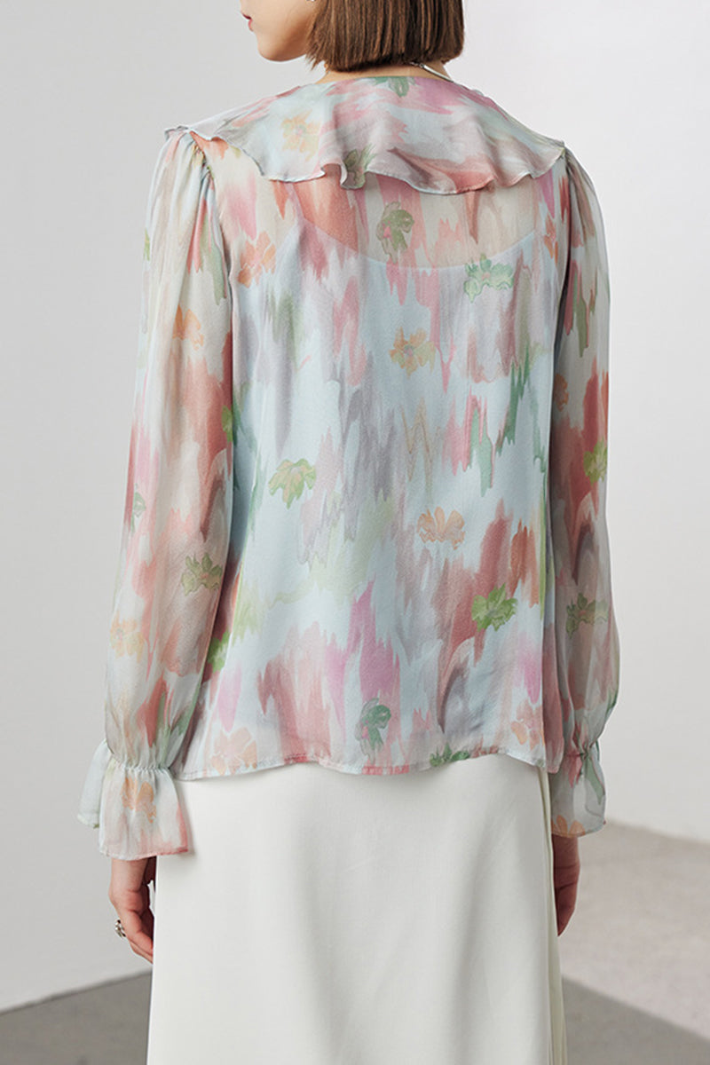 100 Mulberry Silk Floral Long-Sleeve V-Neck Ruffle Blouse with Camisole