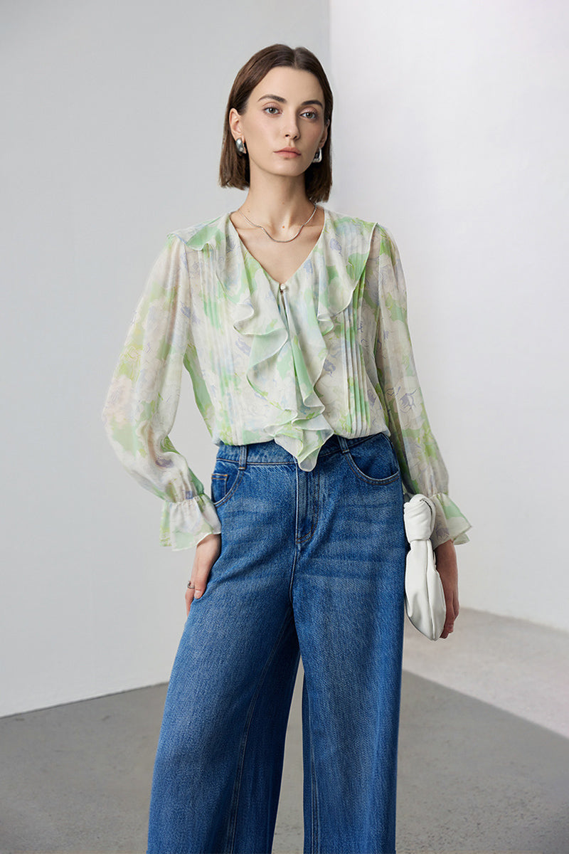 100 Mulberry Silk Floral Long-Sleeve V-Neck Ruffle Blouse with Camisole