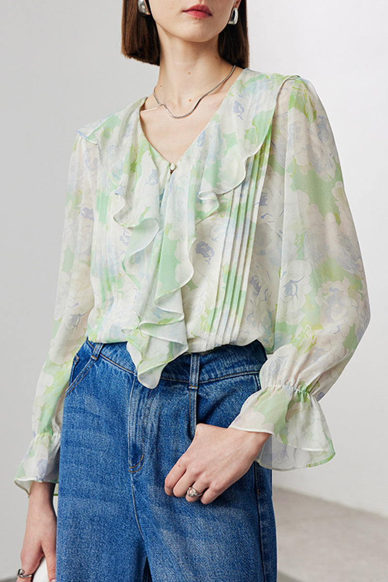 100 Mulberry Silk Floral Long-Sleeve V-Neck Ruffle Blouse with Camisole