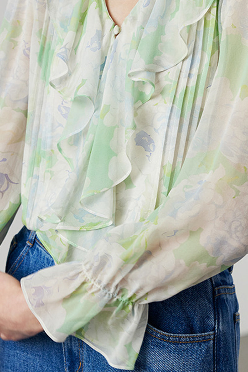 100 Mulberry Silk Floral Long-Sleeve V-Neck Ruffle Blouse with Camisole