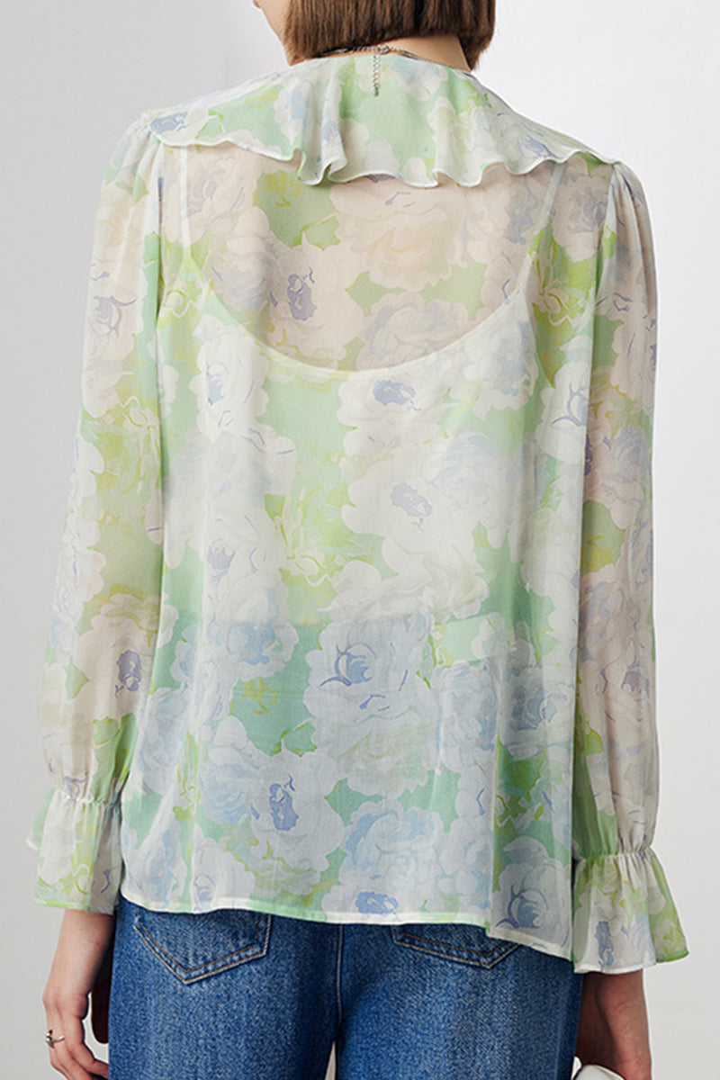 100 Mulberry Silk Floral Long-Sleeve V-Neck Ruffle Blouse with Camisole