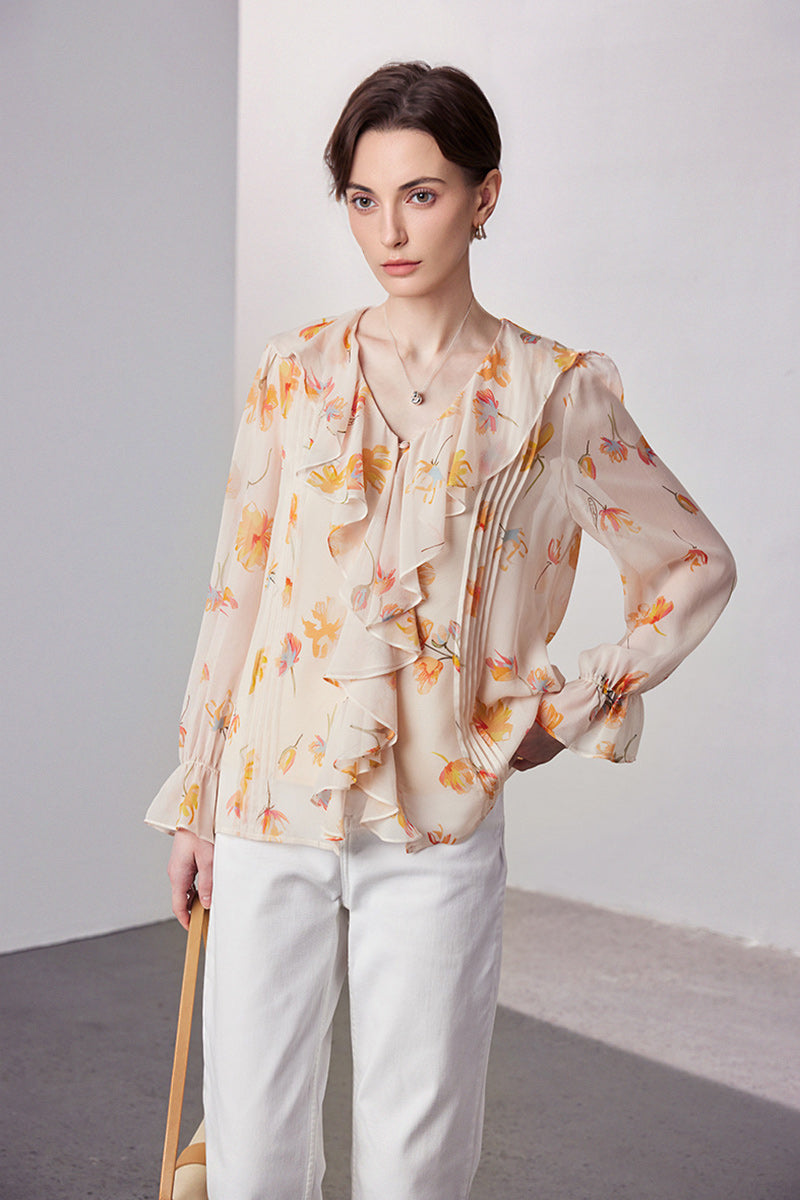 100 Mulberry Silk Floral Long-Sleeve V-Neck Ruffle Blouse with Camisole