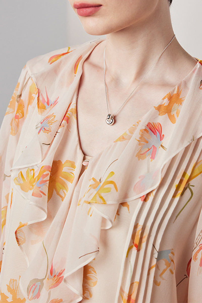100 Mulberry Silk Floral Long-Sleeve V-Neck Ruffle Blouse with Camisole
