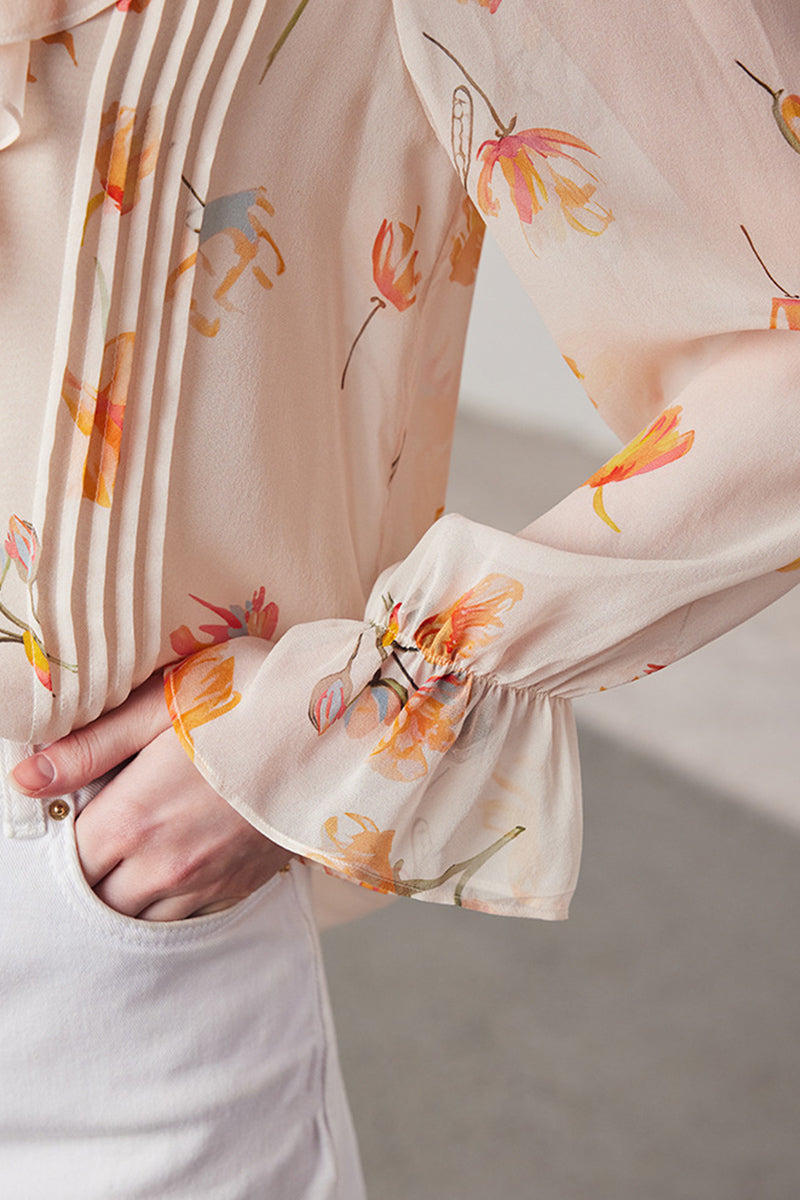 100 Mulberry Silk Floral Long-Sleeve V-Neck Ruffle Blouse with Camisole