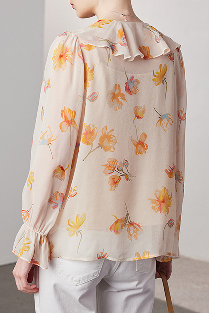 100 Mulberry Silk Floral Long-Sleeve V-Neck Ruffle Blouse with Camisole