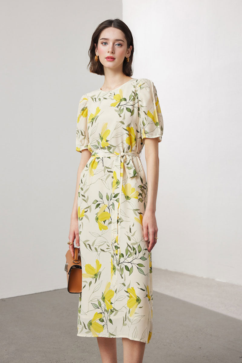 100 Mulberry Silk Floral Puff-Sleeve Belted Midi Dress