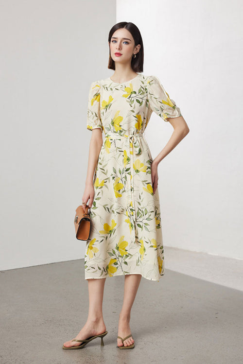 100 Mulberry Silk Floral Puff-Sleeve Belted Midi Dress