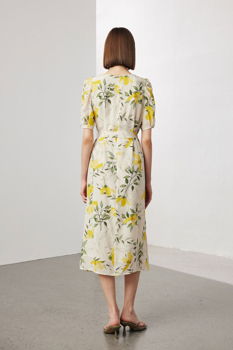 100 Mulberry Silk Floral Puff-Sleeve Belted Midi Dress