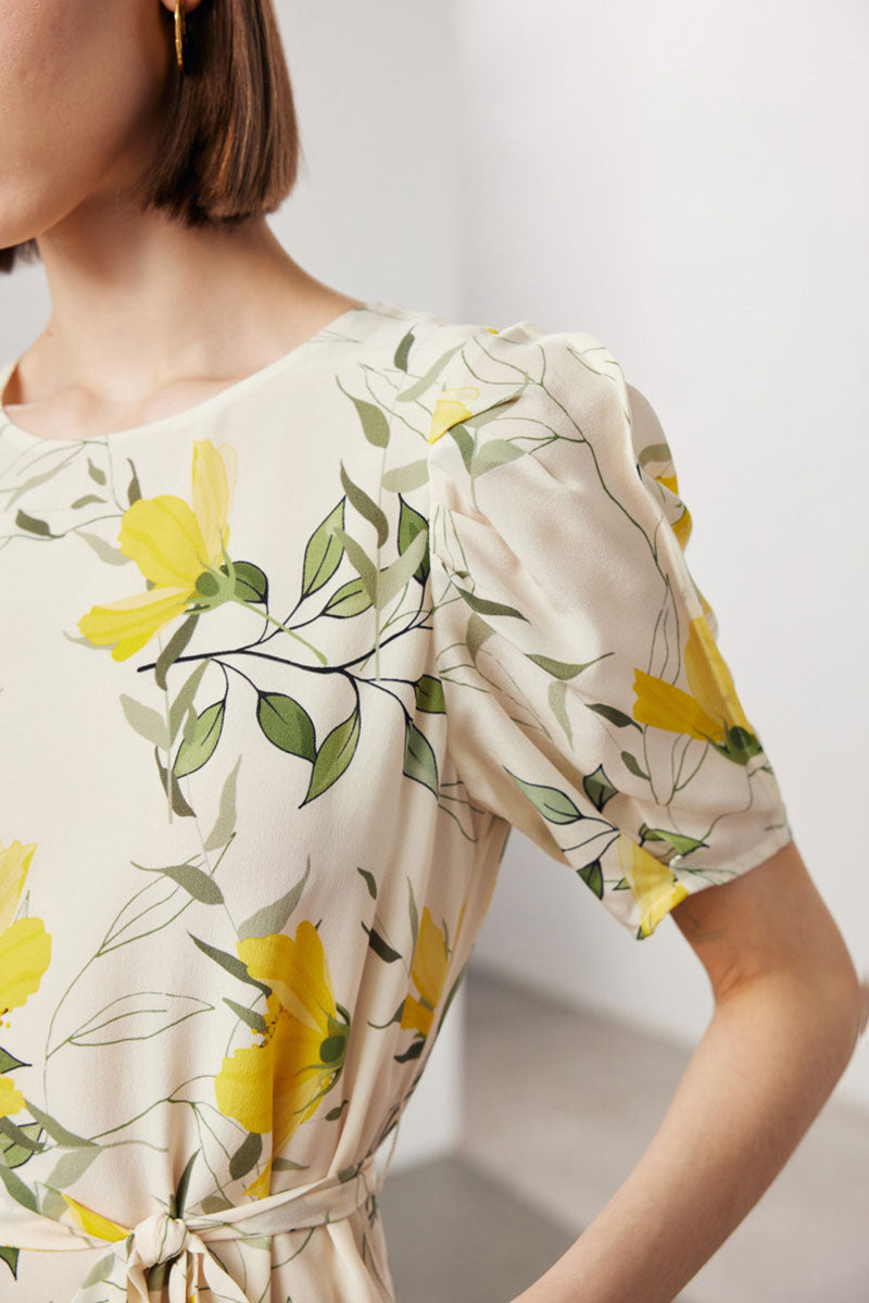 100 Mulberry Silk Floral Puff-Sleeve Belted Midi Dress