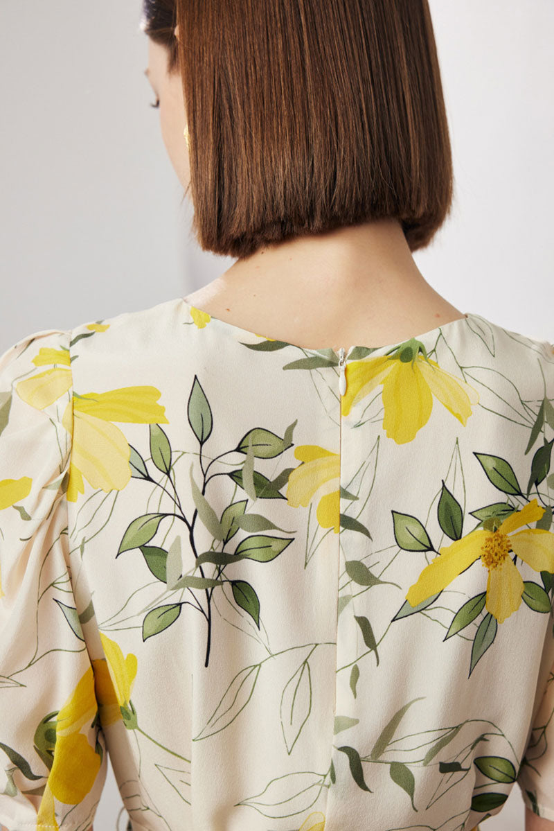 100 Mulberry Silk Floral Puff-Sleeve Belted Midi Dress