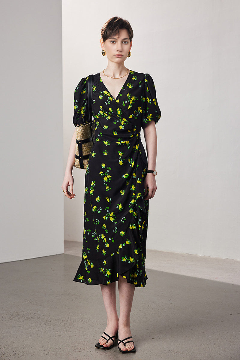 100 Mulberry Silk Floral Puff-Sleeve V-Neck Ruffle Wrap Midi Dress