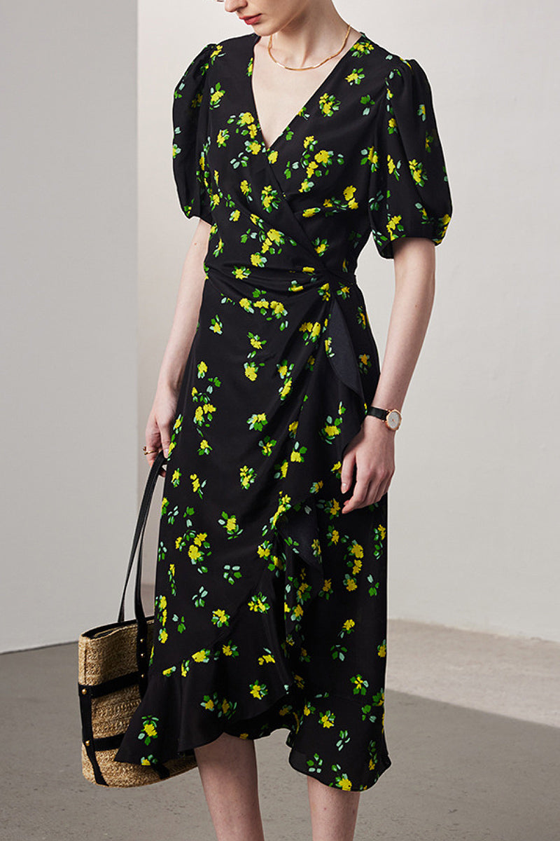 100 Mulberry Silk Floral Puff-Sleeve V-Neck Ruffle Wrap Midi Dress