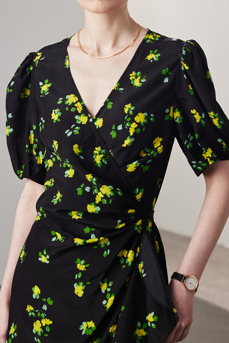 100 Mulberry Silk Floral Puff-Sleeve V-Neck Ruffle Wrap Midi Dress