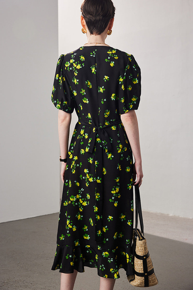 100 Mulberry Silk Floral Puff-Sleeve V-Neck Ruffle Wrap Midi Dress
