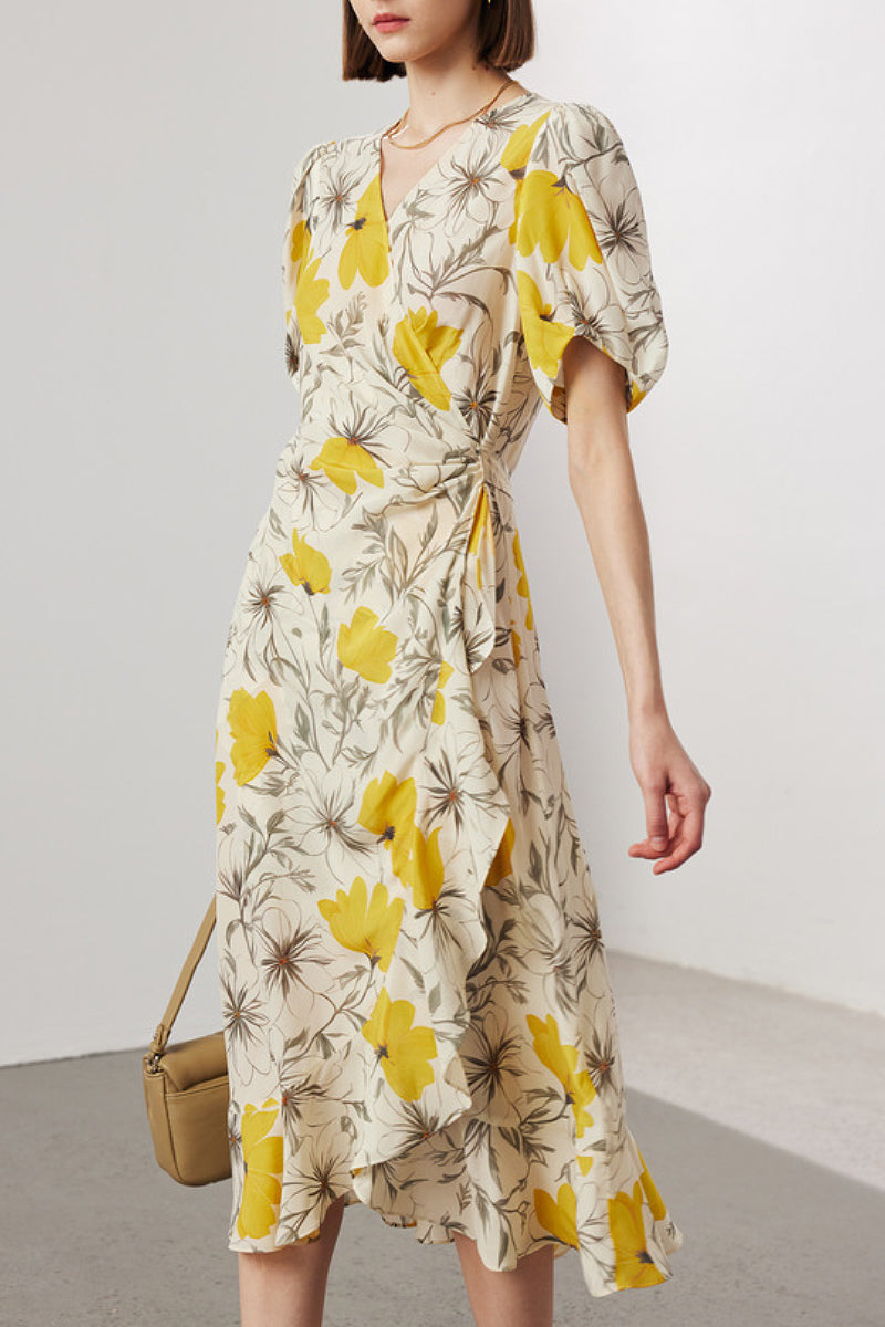 100 Mulberry Silk Floral Puff-Sleeve V-Neck Ruffle Wrap Midi Dress