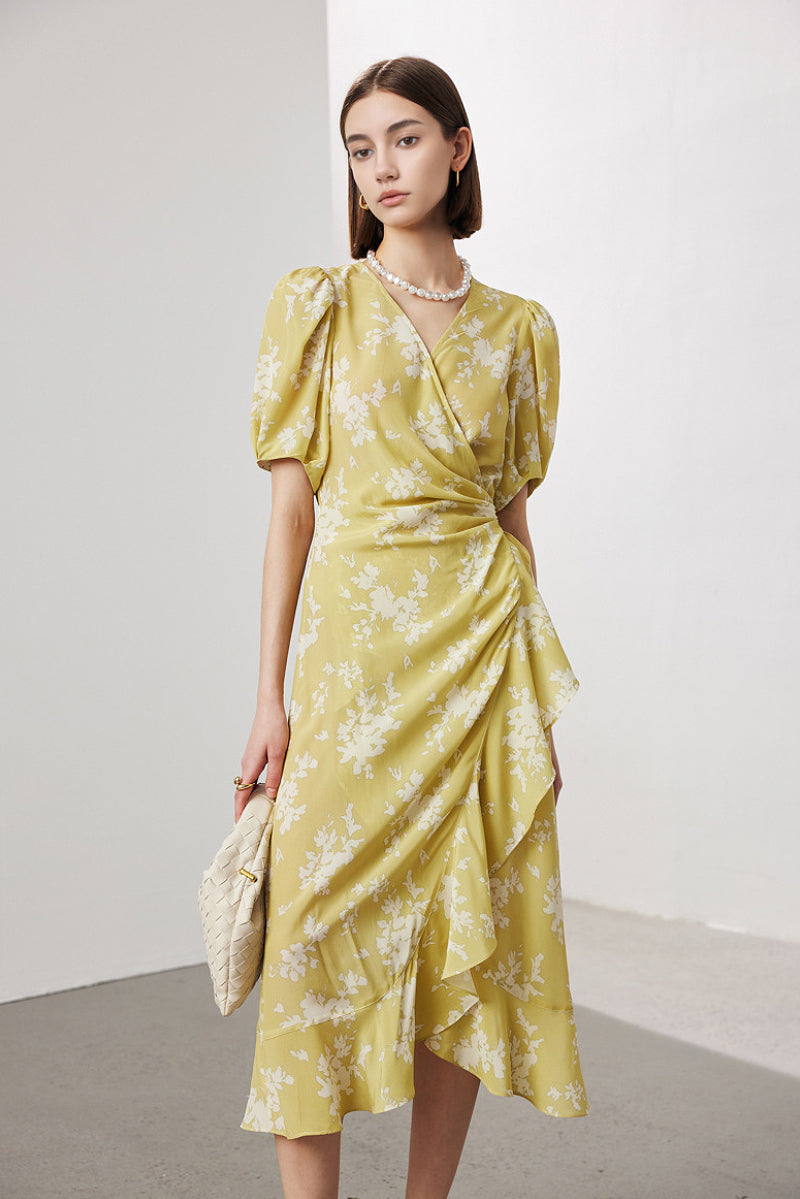 100 Mulberry Silk Floral Puff-Sleeve V-Neck Ruffle Wrap Midi Dress
