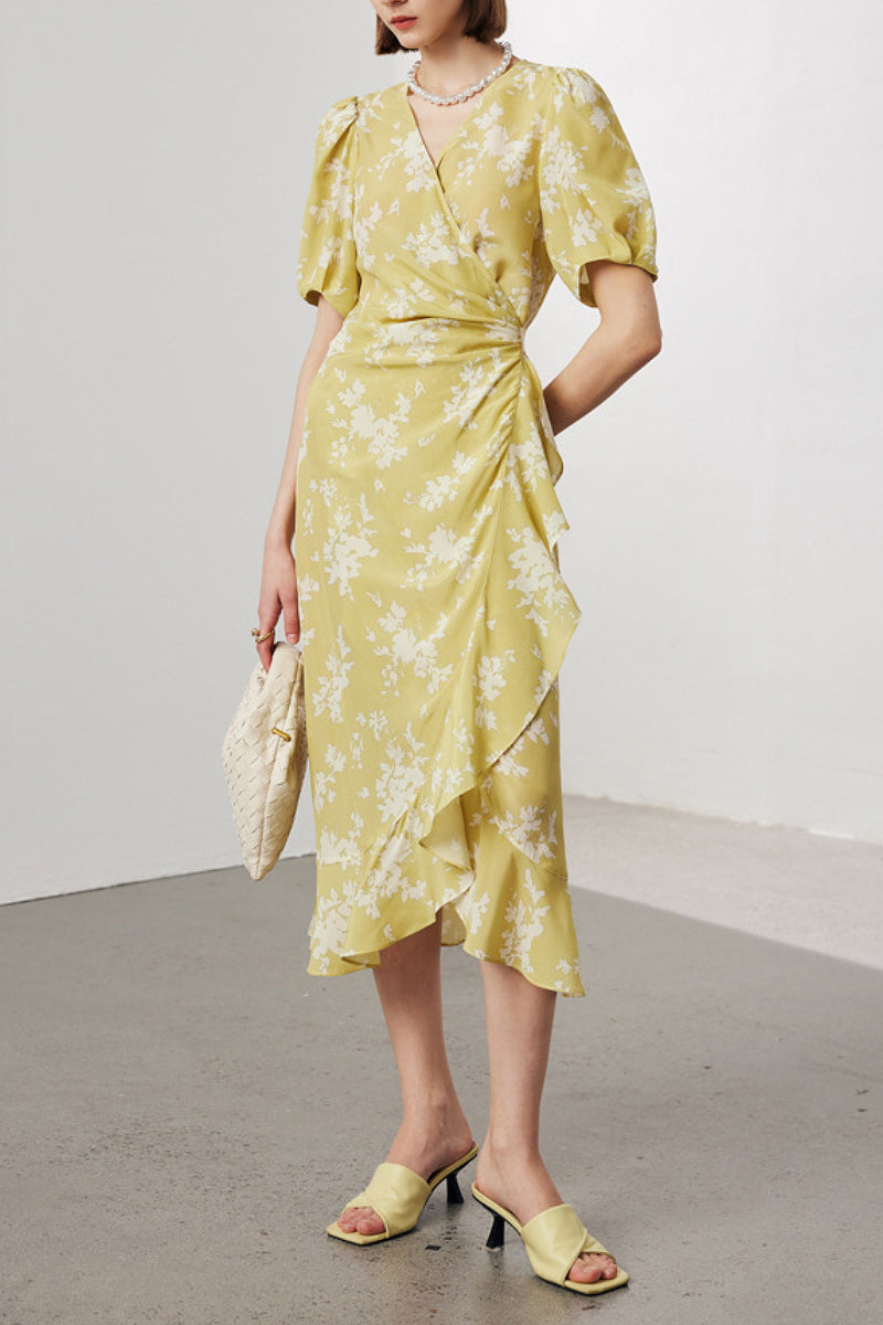 100 Mulberry Silk Floral Puff-Sleeve V-Neck Ruffle Wrap Midi Dress