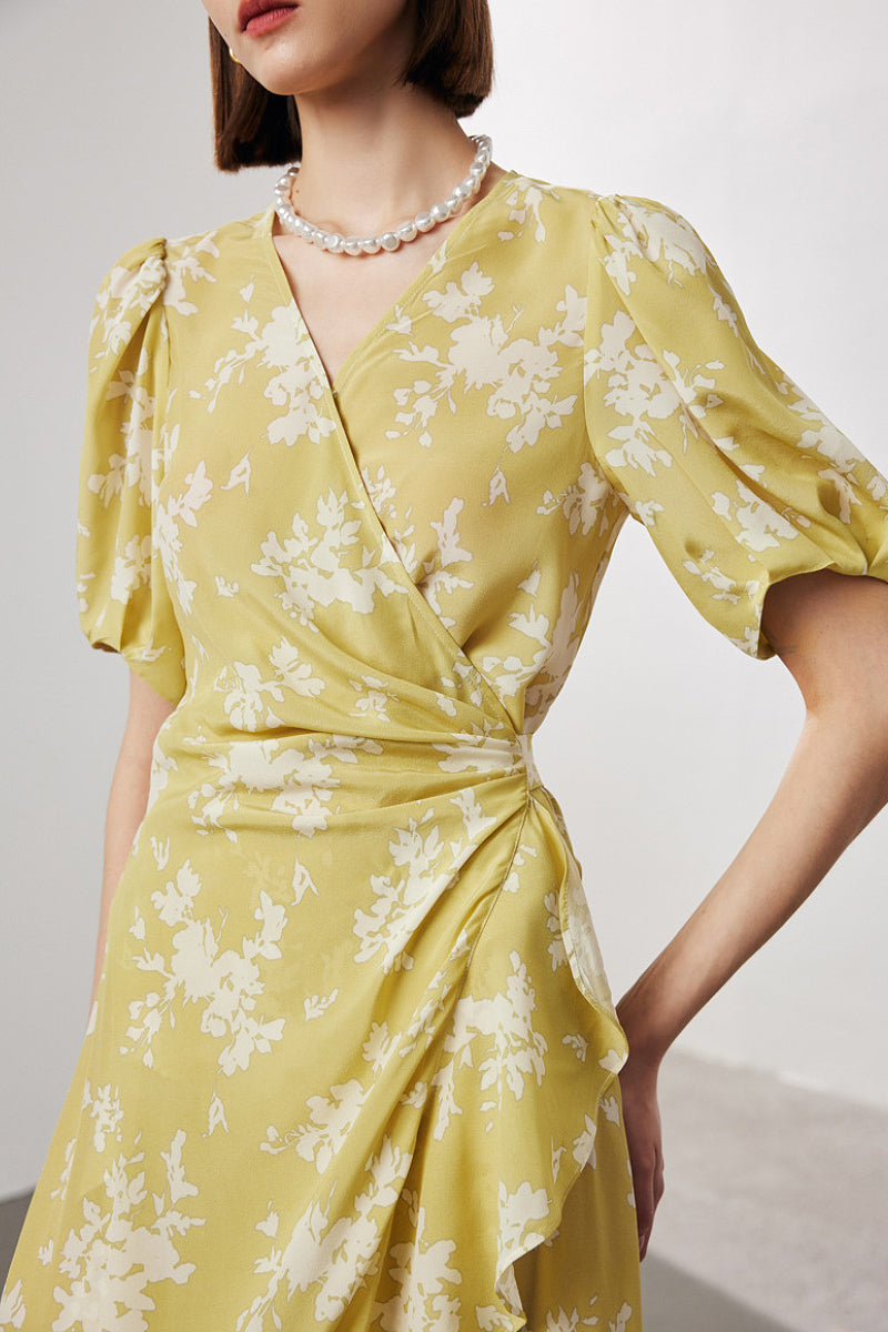 100 Mulberry Silk Floral Puff-Sleeve V-Neck Ruffle Wrap Midi Dress