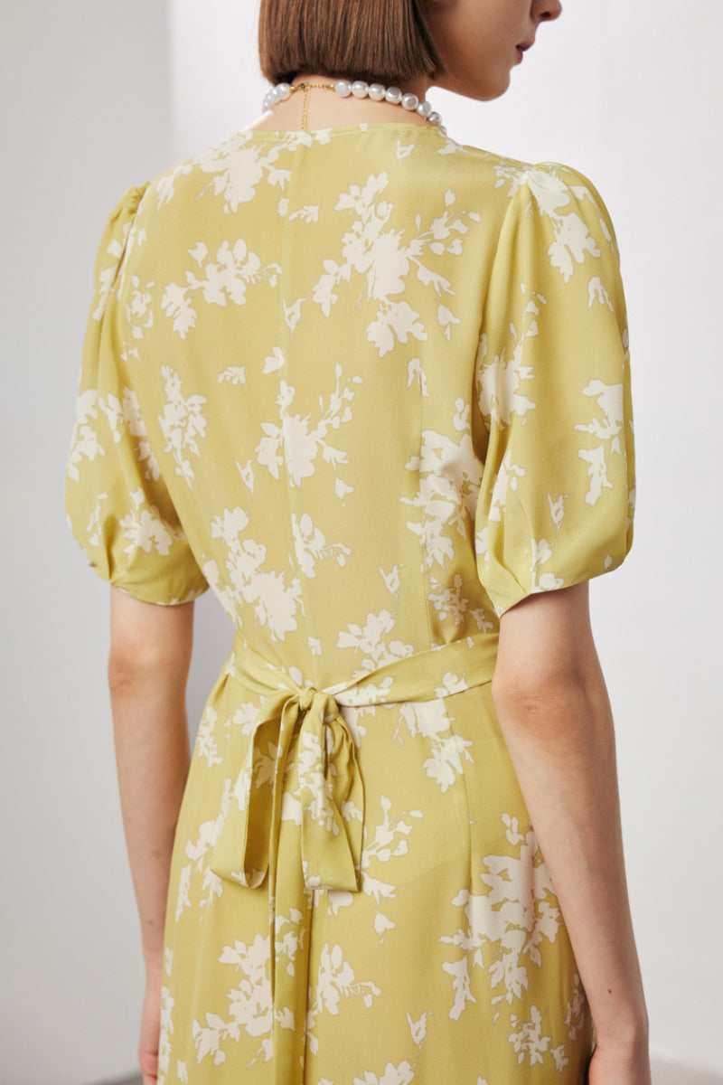 100 Mulberry Silk Floral Puff-Sleeve V-Neck Ruffle Wrap Midi Dress