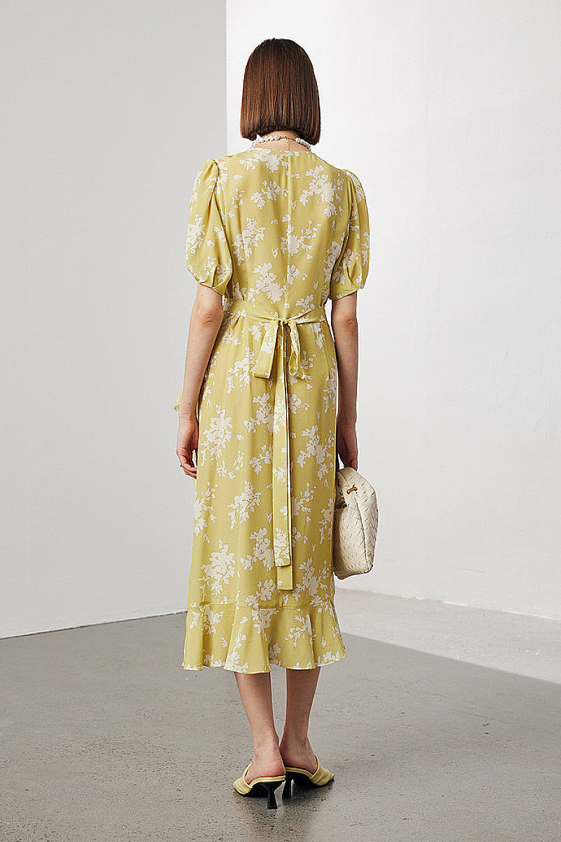 100 Mulberry Silk Floral Puff-Sleeve V-Neck Ruffle Wrap Midi Dress
