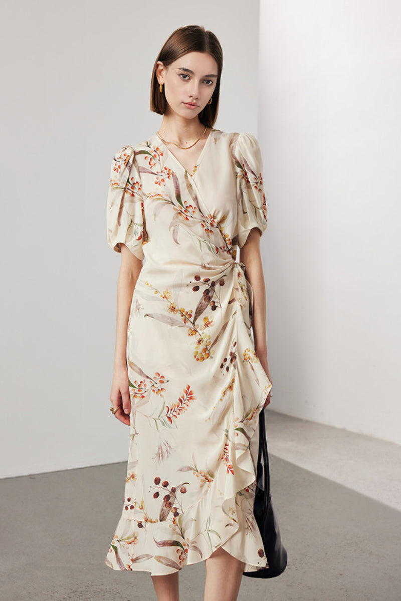 100 Mulberry Silk Floral Puff-Sleeve V-Neck Ruffle Wrap Midi Dress