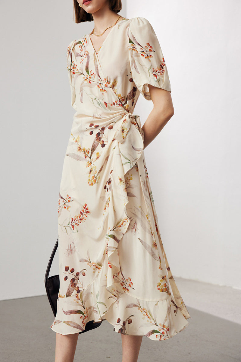 100 Mulberry Silk Floral Puff-Sleeve V-Neck Ruffle Wrap Midi Dress