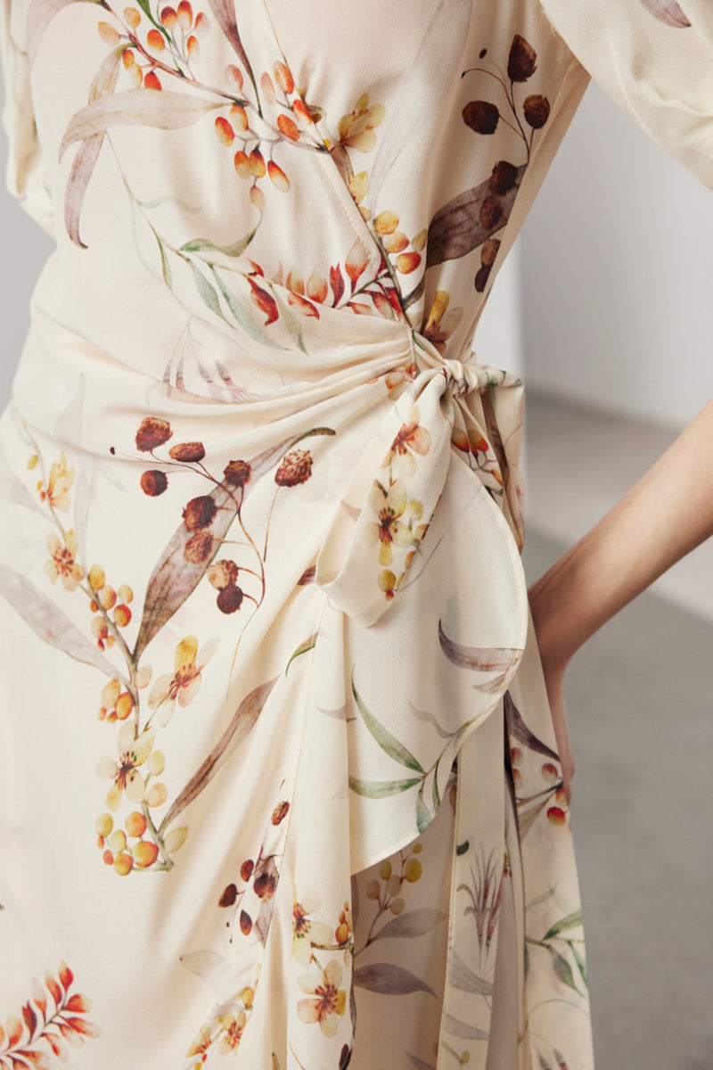 100 Mulberry Silk Floral Puff-Sleeve V-Neck Ruffle Wrap Midi Dress