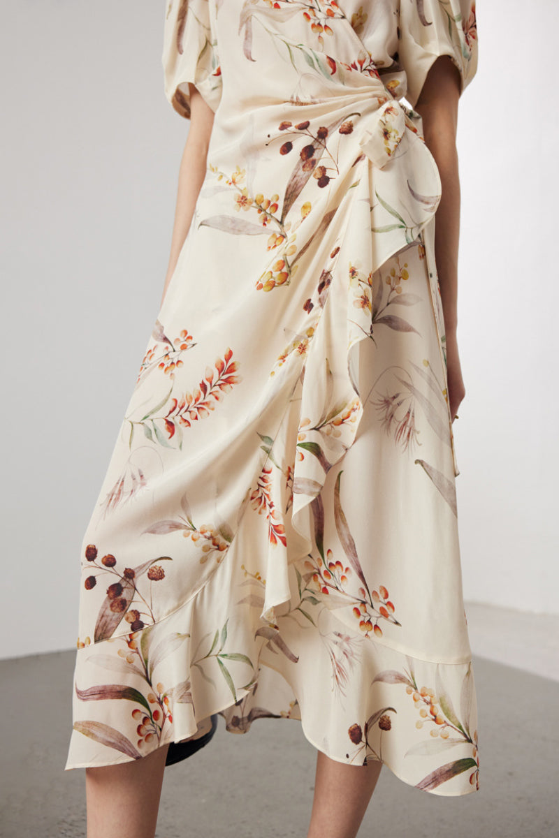 100 Mulberry Silk Floral Puff-Sleeve V-Neck Ruffle Wrap Midi Dress
