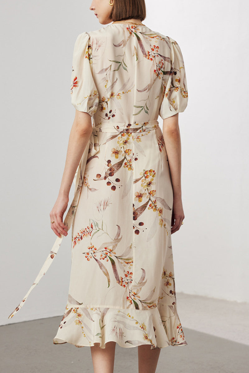 100 Mulberry Silk Floral Puff-Sleeve V-Neck Ruffle Wrap Midi Dress