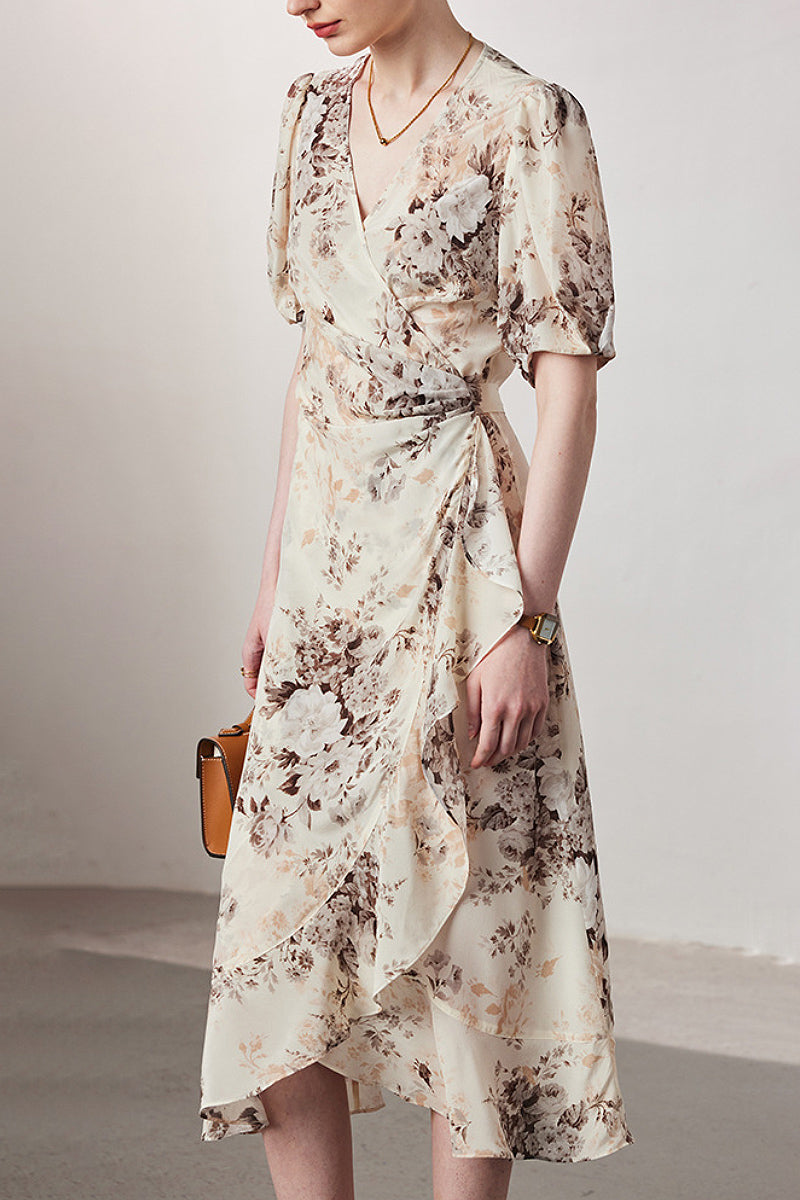 100 Mulberry Silk Floral Puff-Sleeve V-Neck Ruffle Wrap Midi Dress