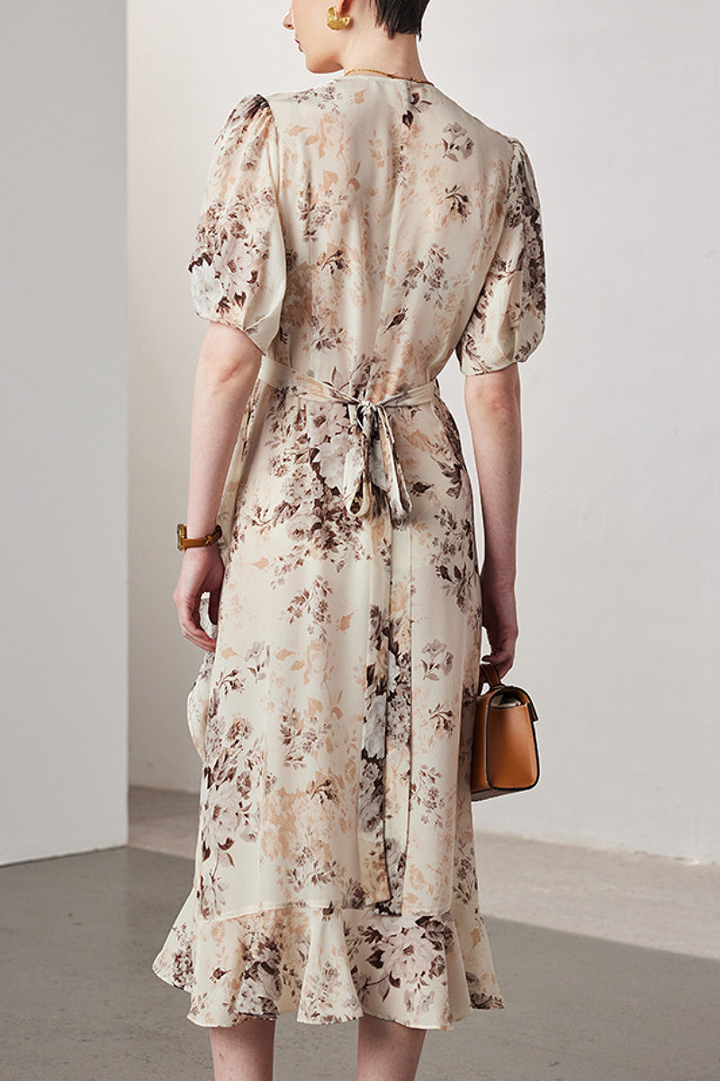 100 Mulberry Silk Floral Puff-Sleeve V-Neck Ruffle Wrap Midi Dress
