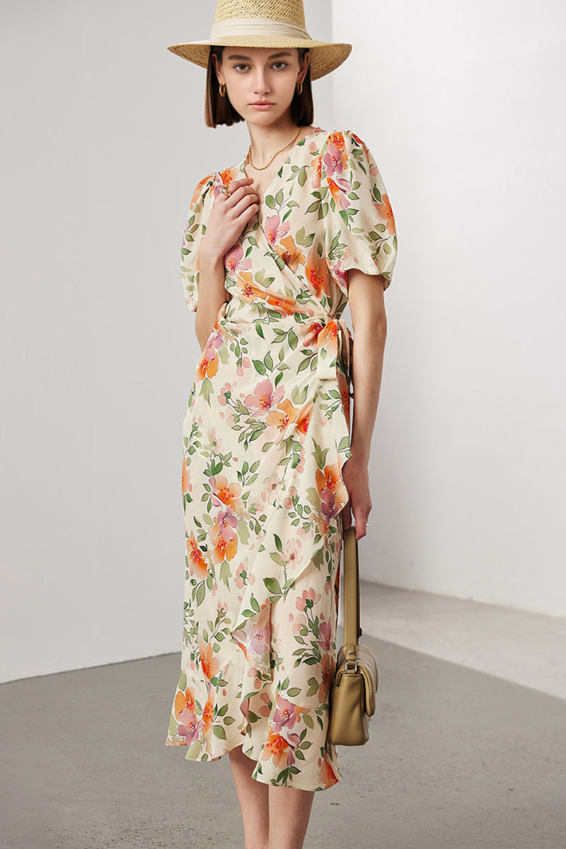 100 Mulberry Silk Floral Puff-Sleeve V-Neck Ruffle Wrap Midi Dress