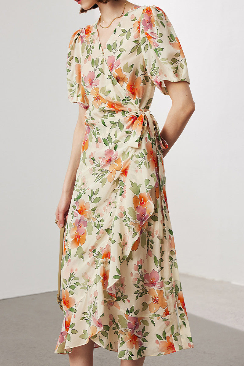 100 Mulberry Silk Floral Puff-Sleeve V-Neck Ruffle Wrap Midi Dress