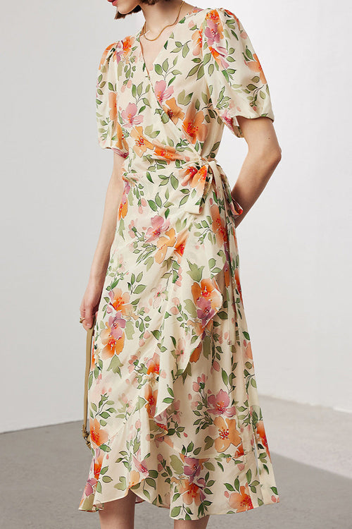 100 Mulberry Silk Floral Puff-Sleeve V-Neck Ruffle Wrap Midi Dress