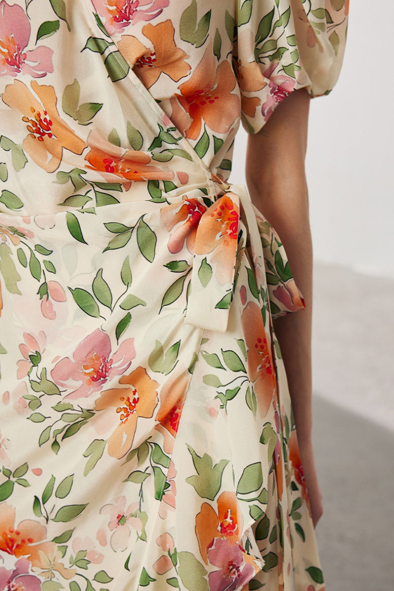 100 Mulberry Silk Floral Puff-Sleeve V-Neck Ruffle Wrap Midi Dress